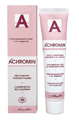 Ахромин крем.отбеливающий с UV защитой «Ахромин» предназначен для удаления и профилактики гиперпигментации — 
веснушек, пятен после беременности, возрастных пигментных пятен, слишком
 темного загара. Используется для защиты кожи от вредного воздействия 
солнечных лучей. 