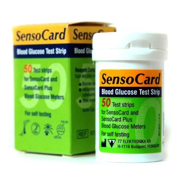 Тест-полоски Сенсокард (Sensocard), 50 штук Для глюкометров Сенсокард и Сенсокард Плюс говорящий (Sensocard и Sensocard Plus).
 